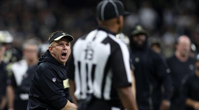Saints head coach Sean Payton reacts after a no-call between wide receiver Tommylee Lewis and Rams cornerback Nickell Robey-Coleman during the fourth quarter Jan. 20, 2019, in the NFC Championship game at the Mercedes-Benz Superdome in New Orleans.