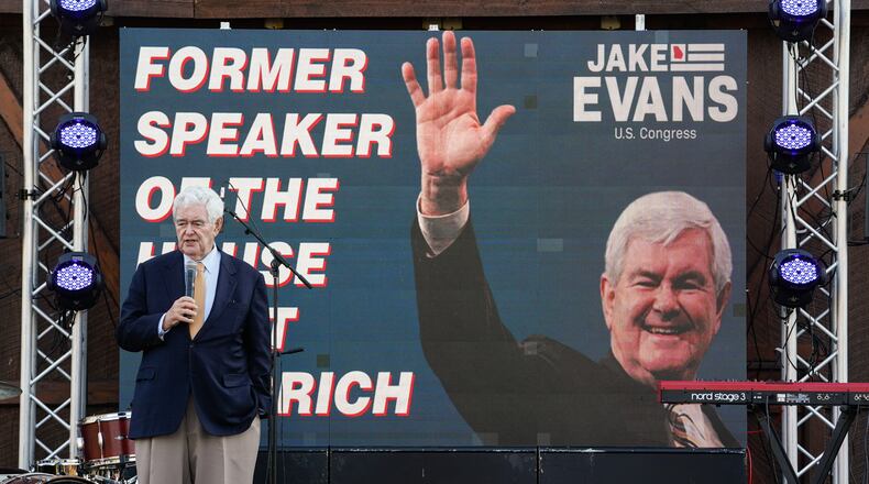 Former U.S. House Speaker Newt Gingrich campaigned Thursday in Cumming for Jake Evans, a Republican running in the 6th Congressional District. (Elijah Nouvelage/Special to the Atlanta Journal-Constitution)