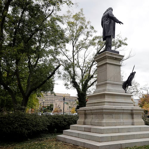 A statue of Confederate general Albert Pike has been reinstalled in a park near the headquarters of the Department of Labor, Tuesday, Oct. 28, 2025, in Washington. (AP Photo/Rahmat Gul)