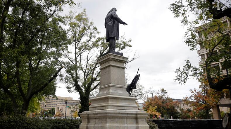 A statue of Confederate general Albert Pike has been reinstalled in a park near the headquarters of the Department of Labor, Tuesday, Oct. 28, 2025, in Washington. (AP Photo/Rahmat Gul)