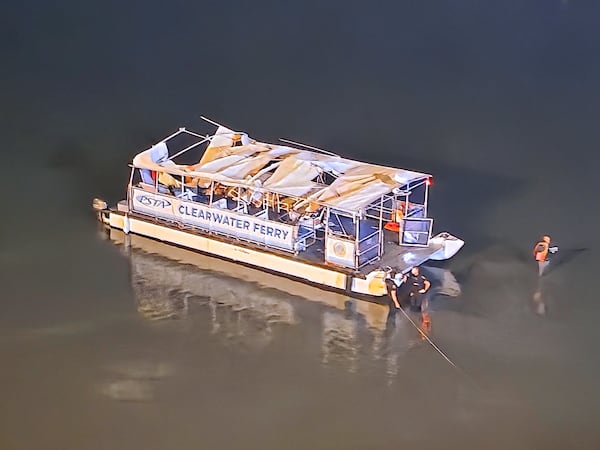 This image provided by Mike Boylan shows authorities at the scene of a boat crash that involved a public ferry carrying 45 passengers near Clearwater Beach. Fla., Sunday, April 27, 2025. (Mike Boylan via AP)