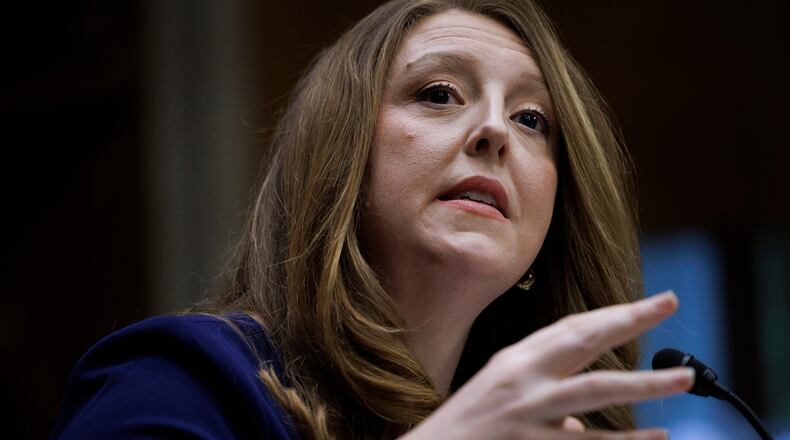 FILE - Dr. Casey Means testifies during a Senate Health, Education Labor and Pension Committee confirmation hearing for U.S. Surgeon General on Capitol Hill, Feb. 25, 2026, in Washington. (AP Photo/Tom Brenner, File)