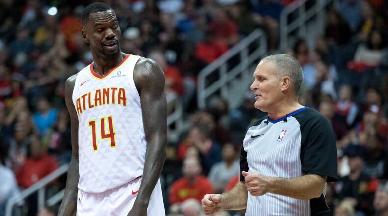 Atlanta Hawks center Dewayne Dedmon (14) argues with a referee during an NBA game against the Denver Nuggets at Philips Arena, Friday, Oct. 27, 2017, in Atlanta. BRANDEN CAMP/SPECIAL