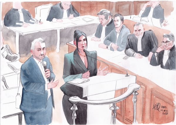 In this artist sketch, Kim Kardashian testifies regarding a robbery of millions of dollars in jewels from her Paris hotel room in 2016, in Paris, Tuesday, May 13, 2025. (AP Photo/Valentin Pasquier)