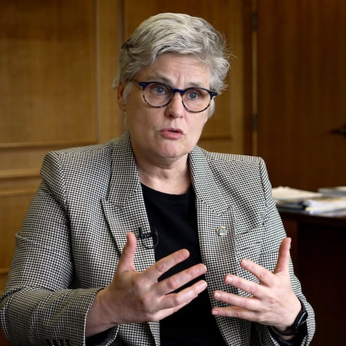 FILE - Hennepin County Attorney Mary Moriarty explains her progressive approach to prosecutions, June 19, 2024, at her office in Minneapolis, Minn. (AP Photo/Mark Vancleave, File)