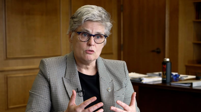FILE - Hennepin County Attorney Mary Moriarty explains her progressive approach to prosecutions, June 19, 2024, at her office in Minneapolis, Minn. (AP Photo/Mark Vancleave, File)