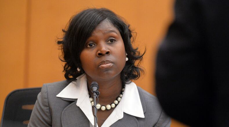 Sandra Ward, a former Parks Middle School reading coach, testifies Thursday afternoon in the Atlanta Public Schools test-cheating trial before Judge Jerry Baxter in Fulton County Superior Court. Ward pleaded guilty to a misdemeanor count of obstruction and was ordered to perform 250 hours of community service and pay $5,000 in restitution. She also was sentenced as a first offender. (Kent D. Johnson, The Atlanta Journal-Constitution)