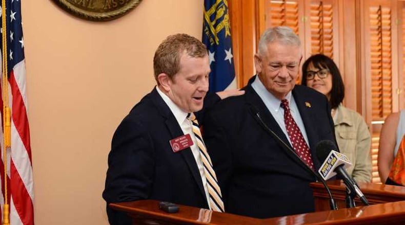 State Rep. Bert Reeves, left, and House Speaker David Ralston discuss changes to Georgia's adoption laws during a press conference Aug. 30, 2018. Photo contributed by Georgia House of Representatives.