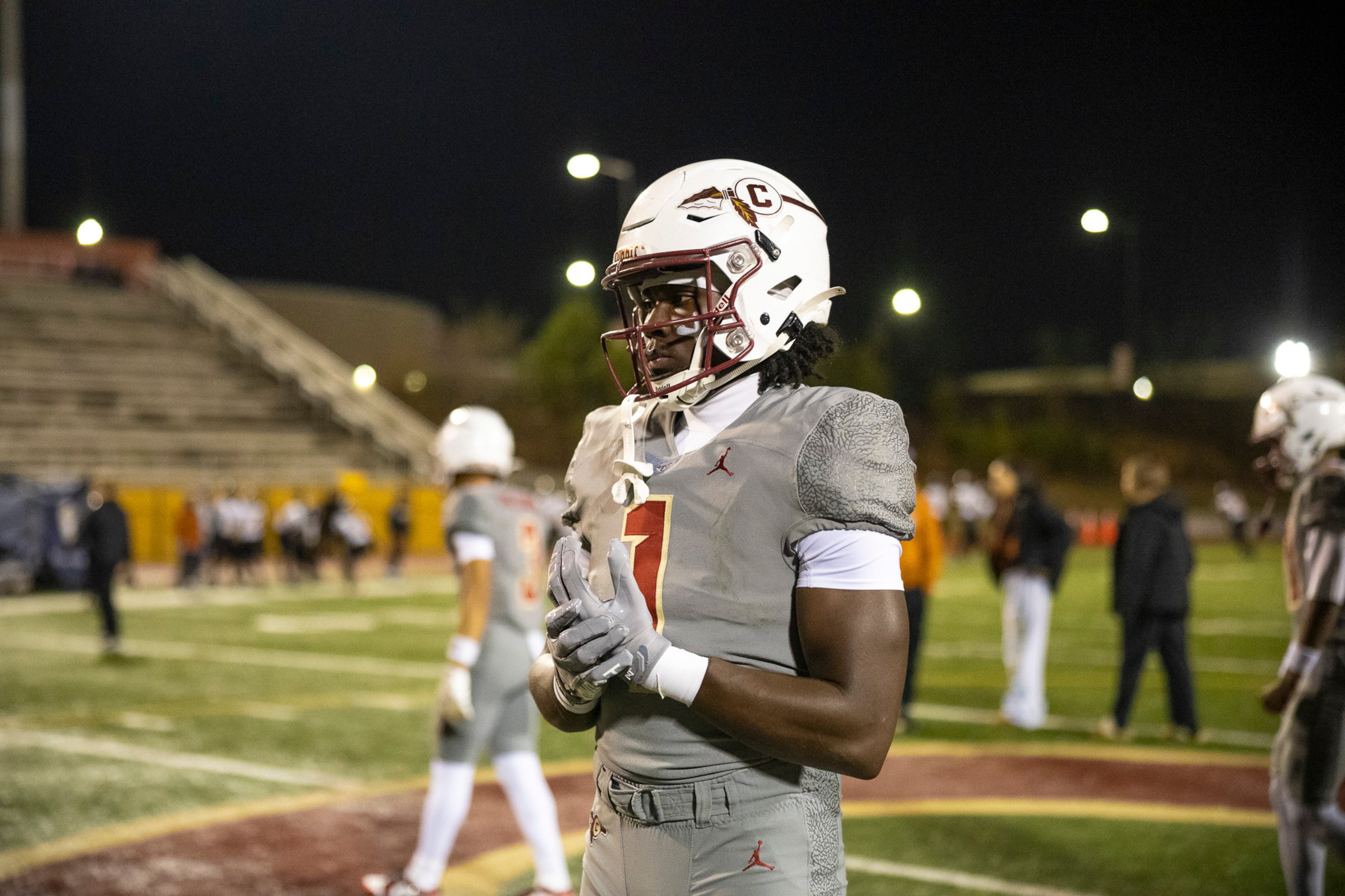 Creekside running back Gary Walker (1) looks on during the warmups of the class 4A semifinal against Kell at Creekside High School in Fairburn, GA on Friday, December 5, 2025. (Oscar Guevara Saenz for the AJC)