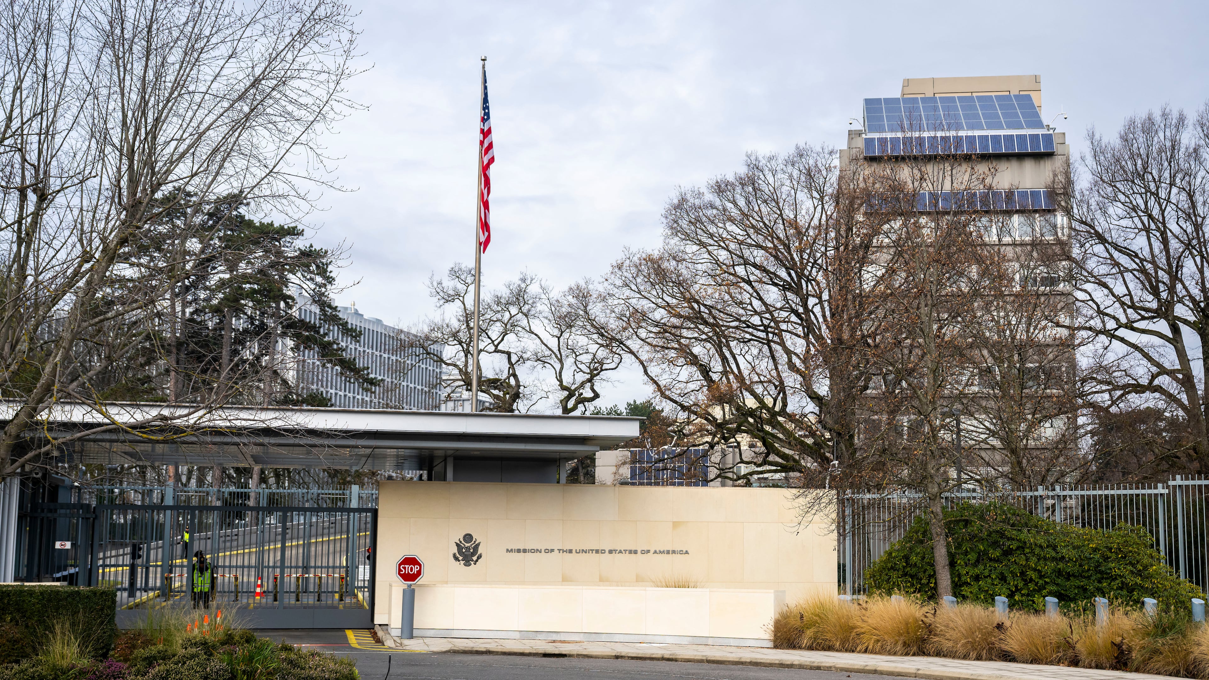 A view of the US Permanent Mission, in Geneva, Switzerland, Sunday, Nov. 23, 2025. (Martial Trezzini/Keystone via AP)