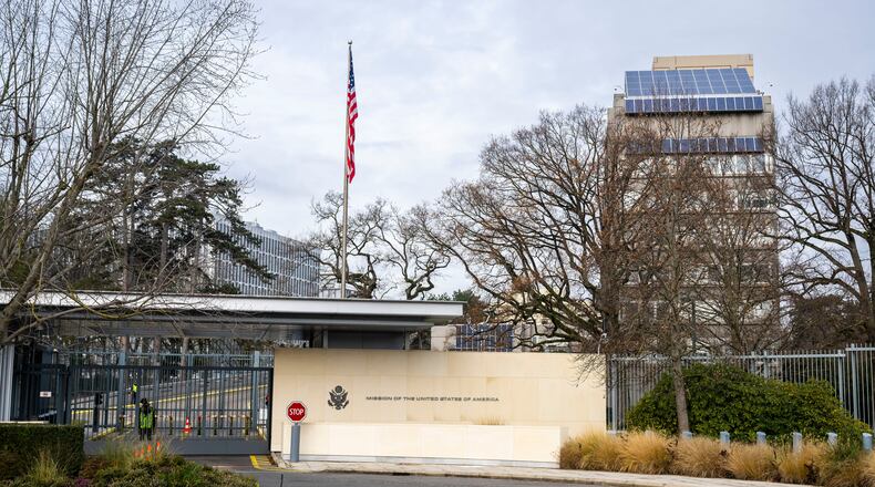 A view of the US Permanent Mission, in Geneva, Switzerland, Sunday, Nov. 23, 2025. (Martial Trezzini/Keystone via AP)