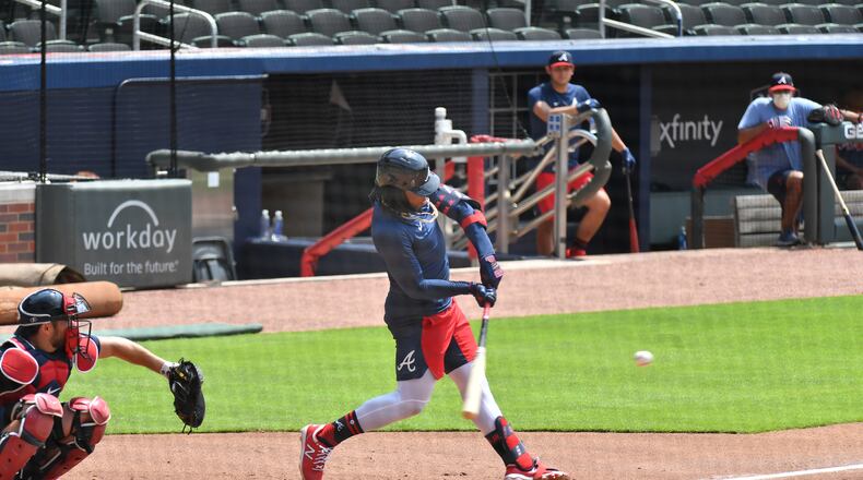Braves center fielder Ronald Acuna Jr. takes batting practice. (Hyosub Shin / Hyosub.Shin@ajc.com)