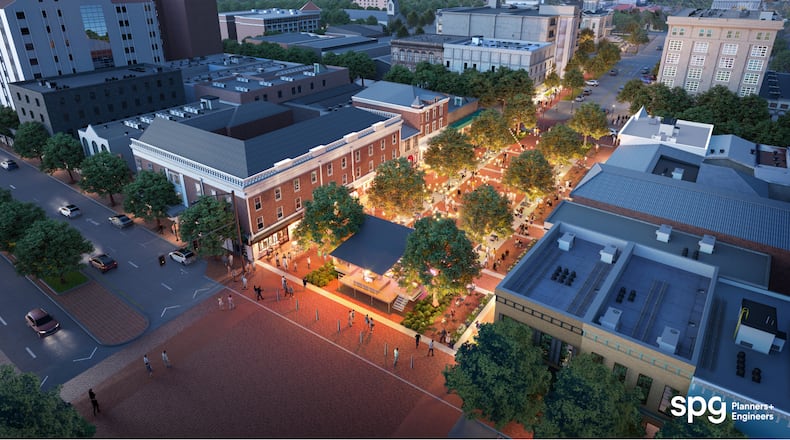 This rendering is the proposed concept for the College Square Redesign project in downtown Athens. The project broke ground in January and is scheduled to open by the University of Georgia's football opener Sept. 5, with full wrap-up by October. (Rendering by the Athens Downtown Development Authority)