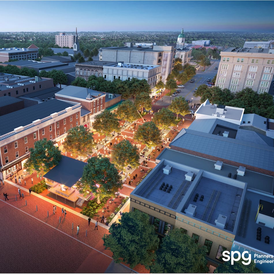This rendering is the proposed concept for the College Square Redesign project in downtown Athens. The project broke ground in January and is scheduled to open by the University of Georgia's football opener Sept. 5, with full wrap-up by October. (Rendering by the Athens Downtown Development Authority)