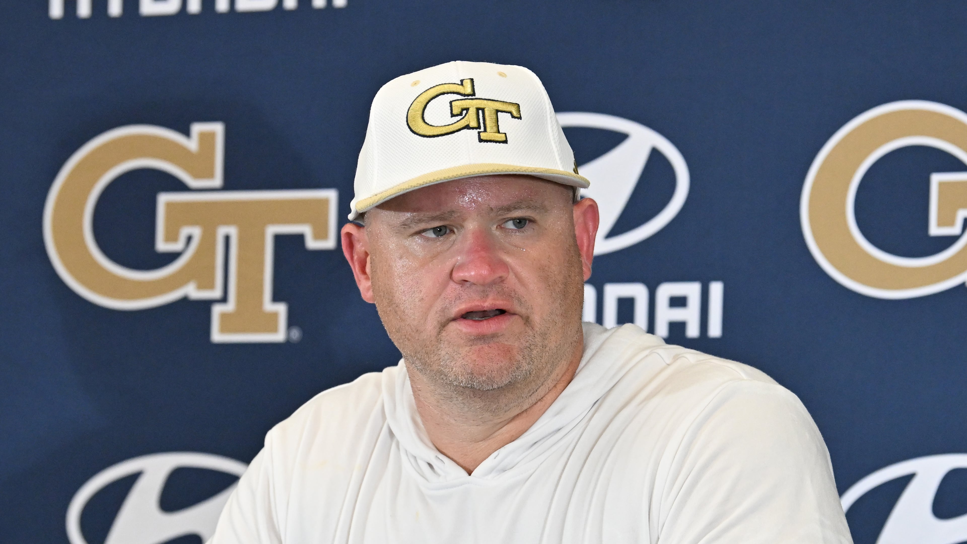 Georgia Tech head coach Brent Key speaks to members of the press after their first day of football practice, Tuesday, July 29, 2025, in Atlanta. (Hyosub Shin / AJC)