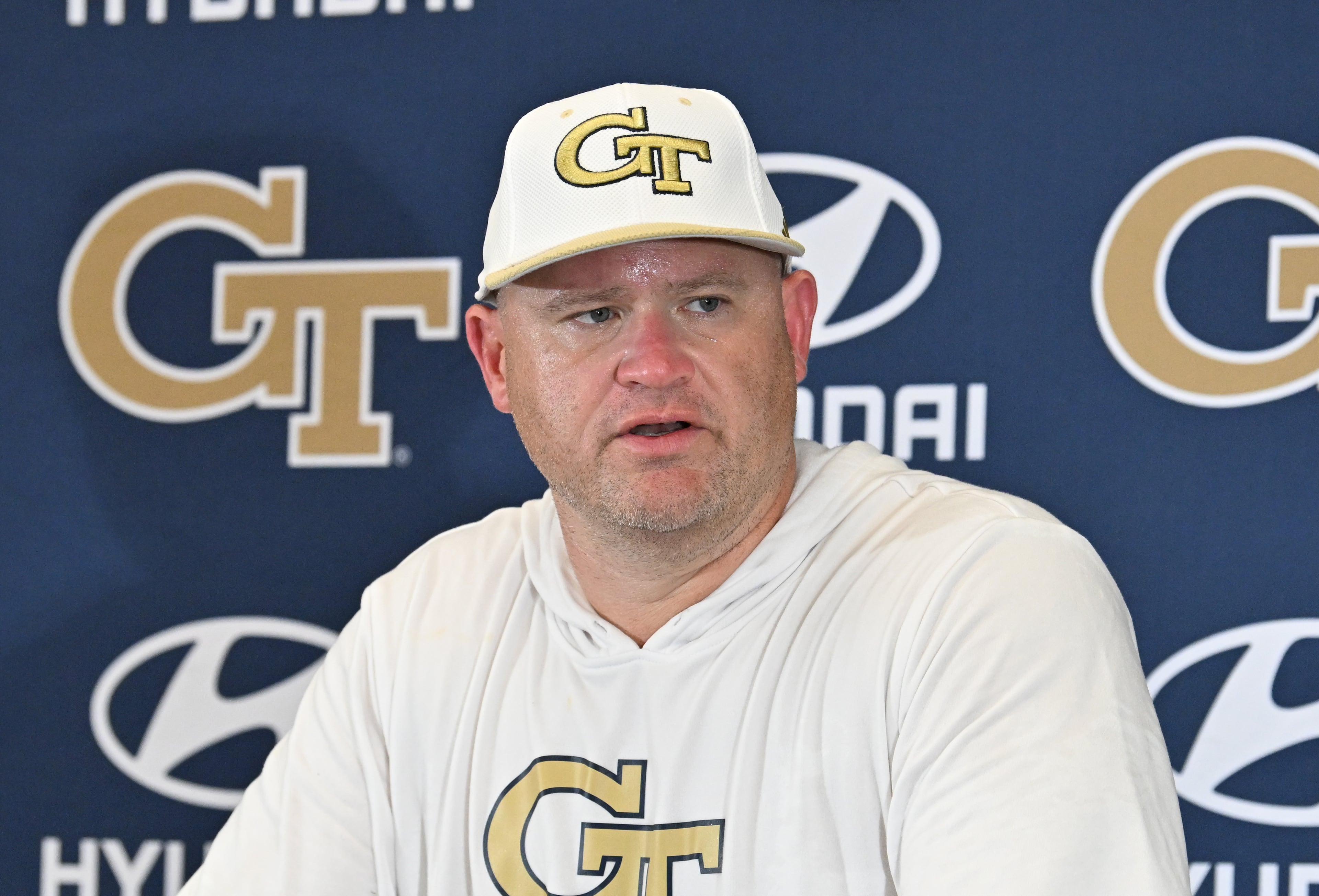 Georgia Tech head coach Brent Key speaks to members of the press after their first day of football practice, Tuesday, July 29, 2025, in Atlanta. (Hyosub Shin / AJC)