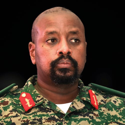 FILE - Lt. Gen. Muhoozi Kainerugaba, son of Uganda's President Yoweri Museveni, attends a "thanksgiving" ceremony in Entebbe, Uganda, May 7, 2022. (AP Photo/Hajarah Nalwadda, File)
