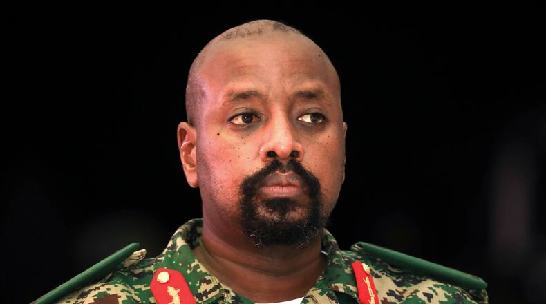 FILE - Lt. Gen. Muhoozi Kainerugaba, son of Uganda's President Yoweri Museveni, attends a "thanksgiving" ceremony in Entebbe, Uganda, May 7, 2022. (AP Photo/Hajarah Nalwadda, File)
