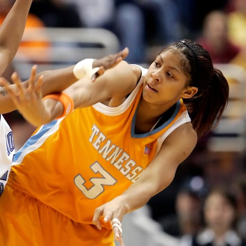 FILE - Tennessee's Candace Parker (3) passes around North Carolina's La'Tangela Atkinson in the first half of the NCAA college basketball tournament regional final, Tuesday, March 28, 2006, in Cleveland. (AP Photo/Amy Sancetta, File)