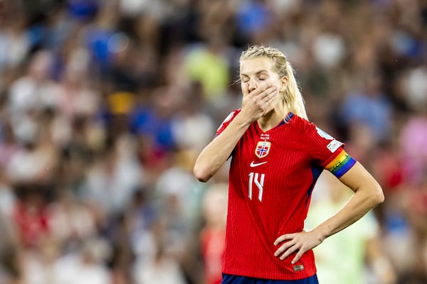 Norway's Ada Hegerberg reacts after missing a penalty shot against during the Women's Euro 2025 quarterfinals soccer match between Norway and Italy at Stade de Geneve in Geneva, Switzerland, Wednesday, July 16, 2025. (Jean-Christophe Bott/Keystone via AP)