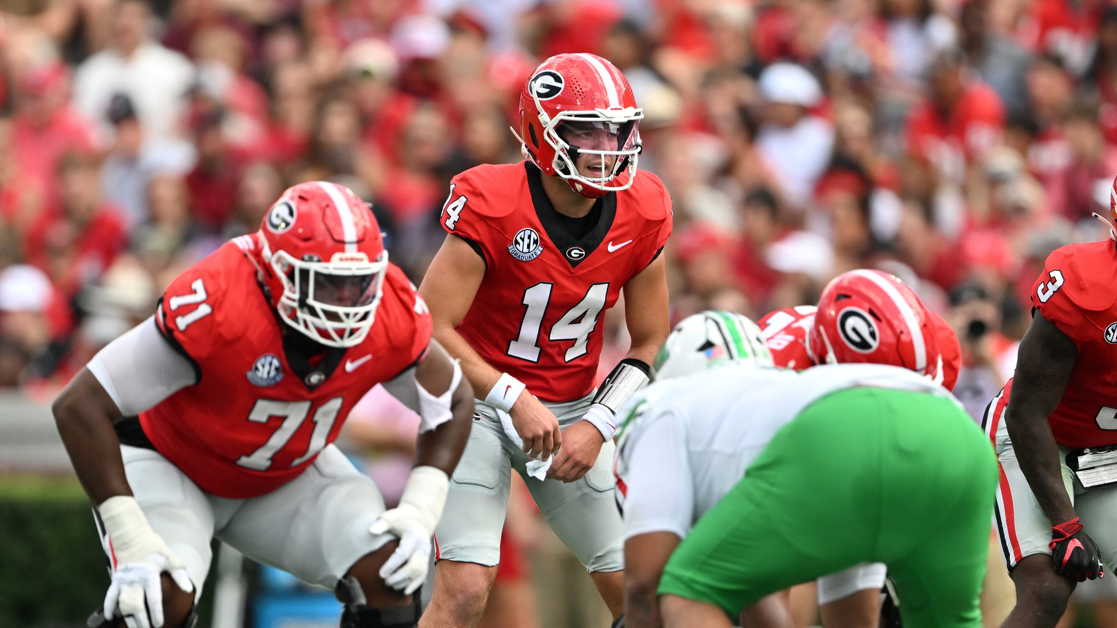 Georgia quarterback Gunner Stockton was not sacked once against Marshall on Aug. 30, 2025, in Athens. (Hyosub Shin/AJC)
