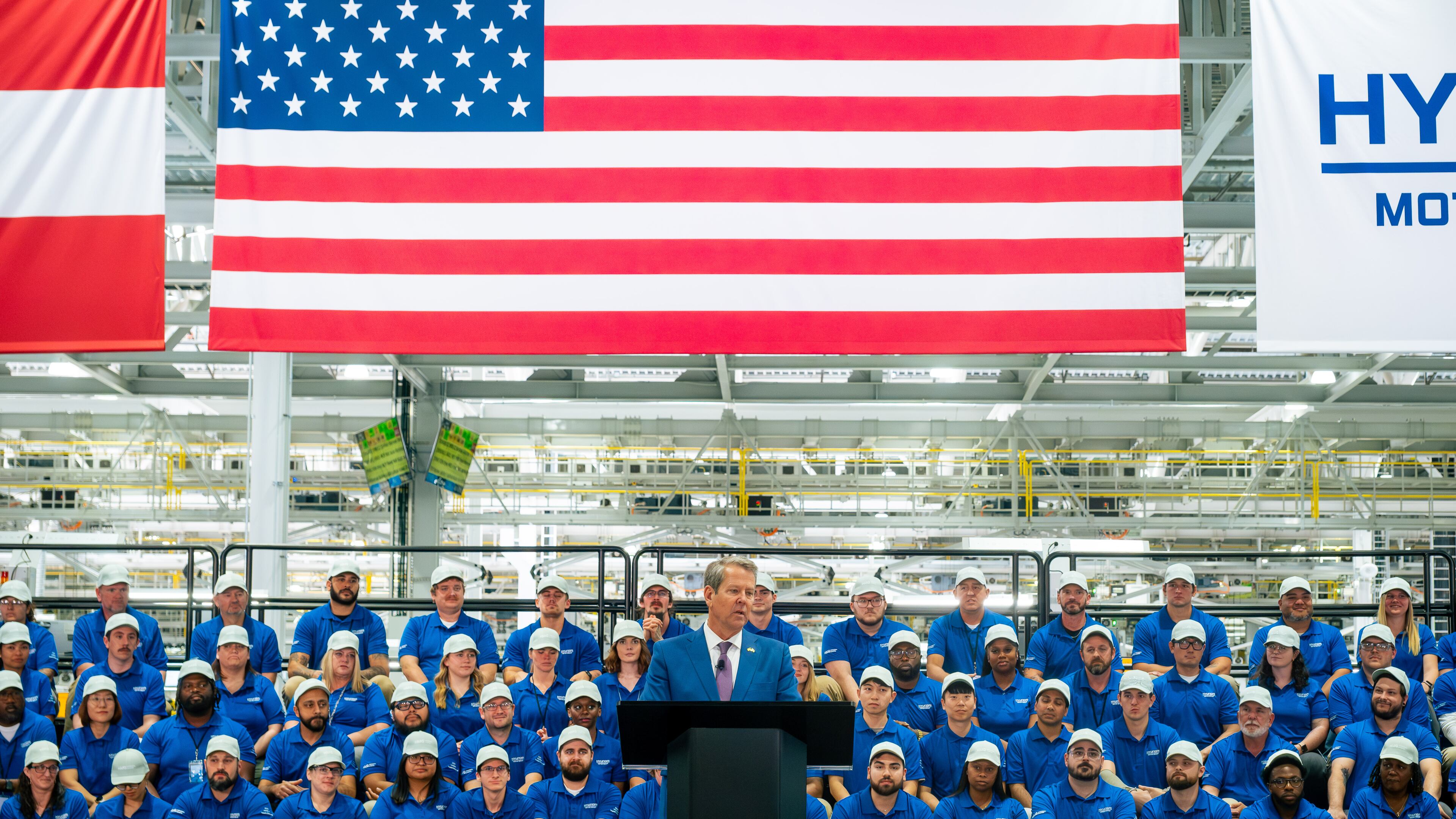 Governor Brian Kemp speaks at the grand opening of the Hyundai Metaplant in Bryan County, GA on March 26, 2025. (Justin Taylor/The Current GA)