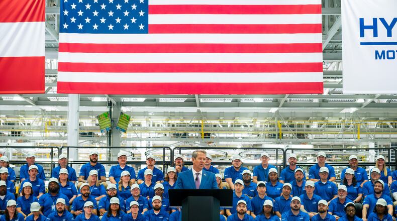 Governor Brian Kemp speaks at the grand opening of the Hyundai Metaplant in Bryan County, GA on March 26, 2025. (Justin Taylor/The Current GA)