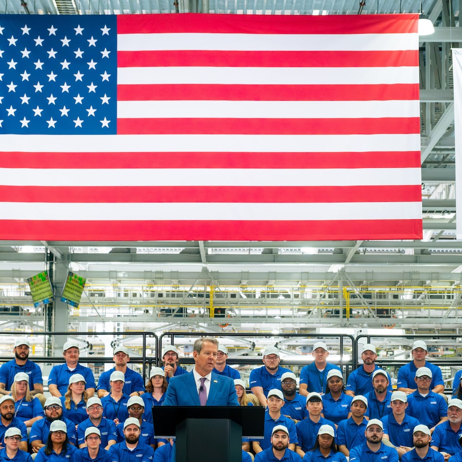 Governor Brian Kemp speaks at the grand opening of the Hyundai Metaplant in Bryan County, GA on March 26, 2025. (Justin Taylor/The Current GA)