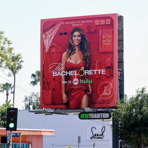 Taylor Frankie Paul appears on a billboard for "The Bachelorette" season 22 in Los Angeles on March 19, 2026. (HIGHFIVE/Bauer-Griffin/GC Images)