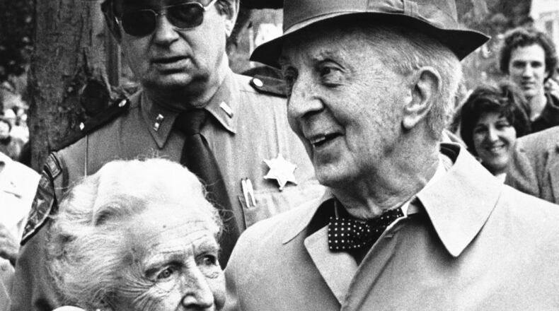 FILE - Artist Norman Rockwell, right and his wife Molly, left, in his last public appearance at a 'Norman Rockwell Day' parade in Stockbridge, Mass., Nov. 9, 1978. (AP Photo, File)