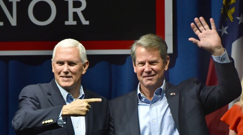 Vice President Mike Pence, left, will rally with Gov. Brian Kemp on May 23. That's the day before the GOP primary fight between Kemp and former U.S. Sen. David Perdue, who entered the race at the urging of former President Donald Trump. HYOSUB SHIN / HSHIN@AJC.COM