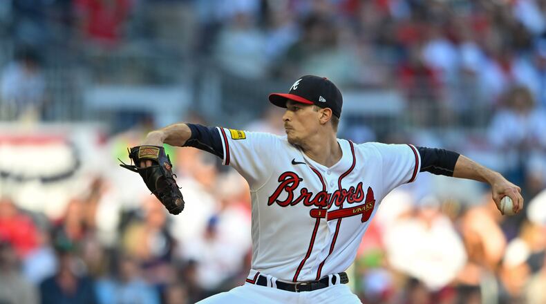 Braves starting pitcher Max Fried (54) delivers to the Phillies during the first inning of NLDS Game 2 in Atlanta on Monday, Oct. 9, 2023.   (Hyosub Shin / Hyosub.Shin@ajc.com)