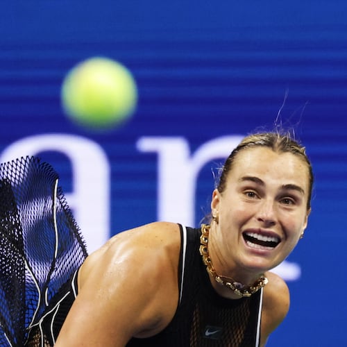 Aryna Sabalenka, of Belarus, serves to Polina Iatcenko, of Russia, during the second round of the U.S. Open tennis championships, Wednesday, Sept. 2, 2026, in New York. (AP Photo/Adam Hunger)