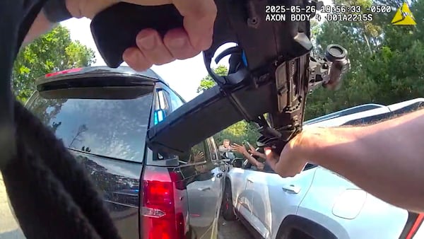 This image from video taken by Huntsville Police Department on May 26, 2025, shows the arrest of two New Orleans inmates who were on the run since their May 16, 2025, jailbreak. (Huntsville Police Department via AP)