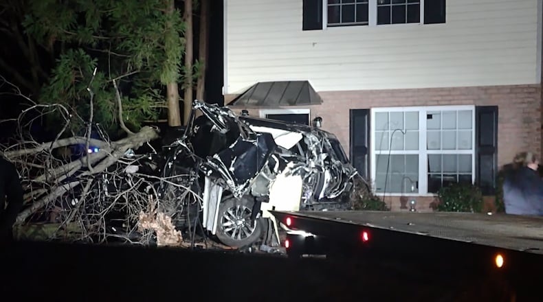 A photo of the 2021 Ford Expedition that came to rest at the Shoal Creek Apartment complex after a crash early Sunday morning. Georgia offensive lineman Devin Willock and football staff member Chandler LeCroy died in the accident