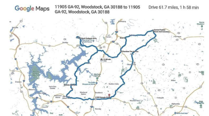 Map depicts the route of the Supporting Our Military Heroes Ride, a fund raiser for veterans organizations Saturday, Oct. 27, in Cherokee County. The ride begins and ends at the First Baptist Church of Woodstock. CITY OF WOODSTOCK
