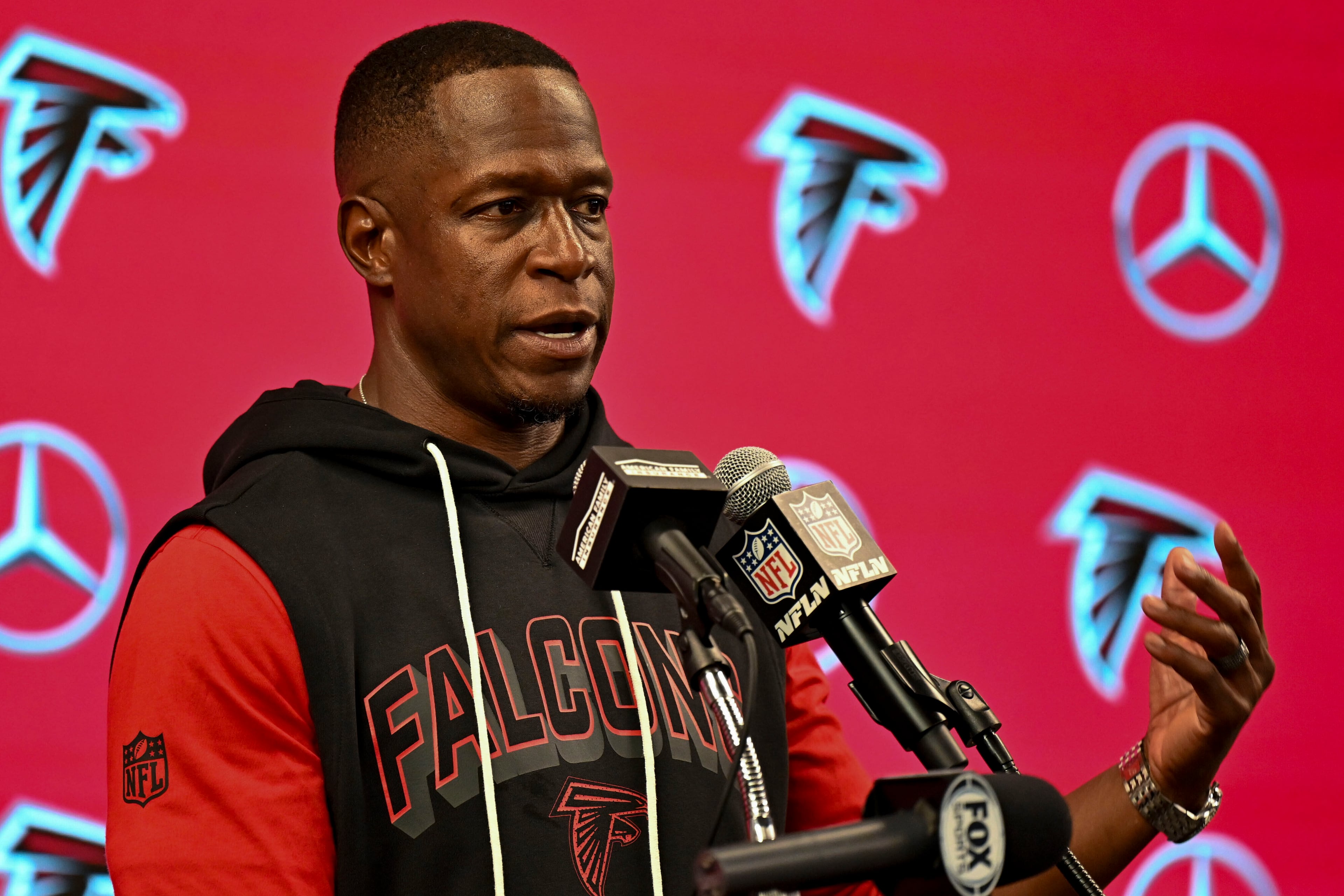 “It’s a new year, new team, but, they beat us last time,” Falcons coach Raheem Morris said Monday. The Falcons are set to face the Panthers on Sunday at Bank of America Stadium in Charlotte, North Carolina. (Danny Karnik/AP)