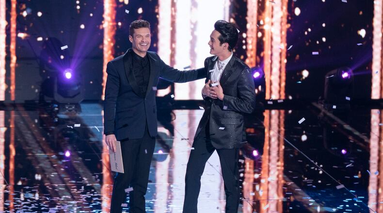 AMERICAN IDOL - "218 (Season Finale)" - Following a cross-country search for the next singing sensation, "American Idol" rounds out its second season on ABC with an epic grand finale event, featuring "Idol"'s Top 3 contestants: Alejandro Aranda, Laine Hardy and Madison VanDenburg. For the first time in "Idol" history, America's live coast-to-coast vote will determine the winner of the iconic singing competition series, with all voting taking place during the show. The crowning moment will be preceded by special performances from music legends, including "Idol"'s very own superstar judges, the return of fan-favorite contestants from the current season and a special visit by last season's winner, Maddie Poppe. Poppe's debut album, "Whirlwind," drops on Friday, May 17. The jam-packed music event airs SUNDAY, MAY 19 (8:00-11:00 p.m. EDT), on The ABC Television Network. (ABC/Eric McCandless)
RYAN SEACREST, LAINE HARDY