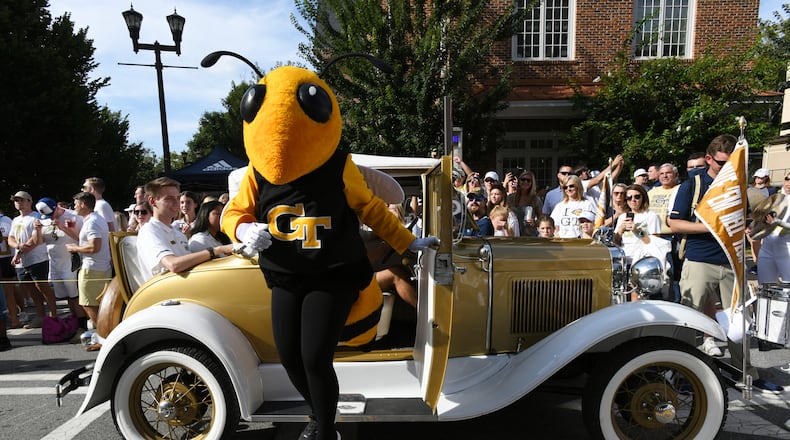 September 4, 2021 Atlanta - Georgia Tech's mascot, Buzz, jumps off from Ramblin' Wreck before the start of the Georgia Tech home opener against Northern Illinois outside Georgia Tech's Bobby Dodd Stadium in Atlanta on Saturday, September 4, 2021. (Hyosub Shin / Hyosub.Shin@ajc.com)