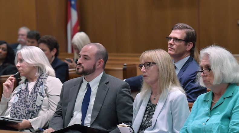 Plaintiff Marilyn Marks, from left, attorney Justin Berger, plaintiff Rhonda Martin, plaintiff Smythe DuVal and plaintiff Jeanne DuFort listen during a hearing at the Georgia Supreme Court in May. The court was considering their appeal of a case alleging tens of thousands of votes disappeared in the race for lieutenant governor. Plaintiffs in the case say Democrat Sarah Riggs Amico could have won if votes hadn’t been lost or changed by Georgia’s outdated electronic voting machines. HYOSUB SHIN / HSHIN@AJC.COM