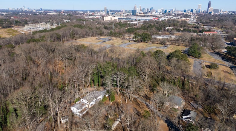 Aerial photography shows park of the Grove Park neighborhood and the future Microsoft campus on Atlanta's Westside on Tuesday, February 23, 2021. (Hyosub Shin / Hyosub.Shin@ajc.com)