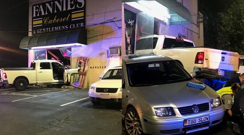 Police said no one was injured when this truck rammed into Fannies' Cabaret early Saturday morning.