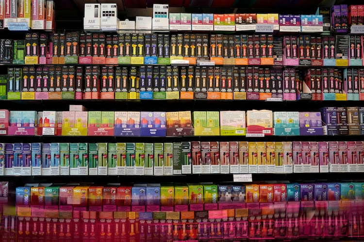 Disposable flavored electronic cigarette devices are displayed for sale at a store in Pinecrest, Florida, in 2023. (Rebecca Blackwell/AP)