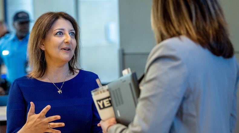 The new CDC Director, Dr. Mandy Cohen, talks with employees at the CDC headquarters in Atlanta Tuesday, July 11, 2023. (Steve Schaefer/steve.schaefer@ajc.com)