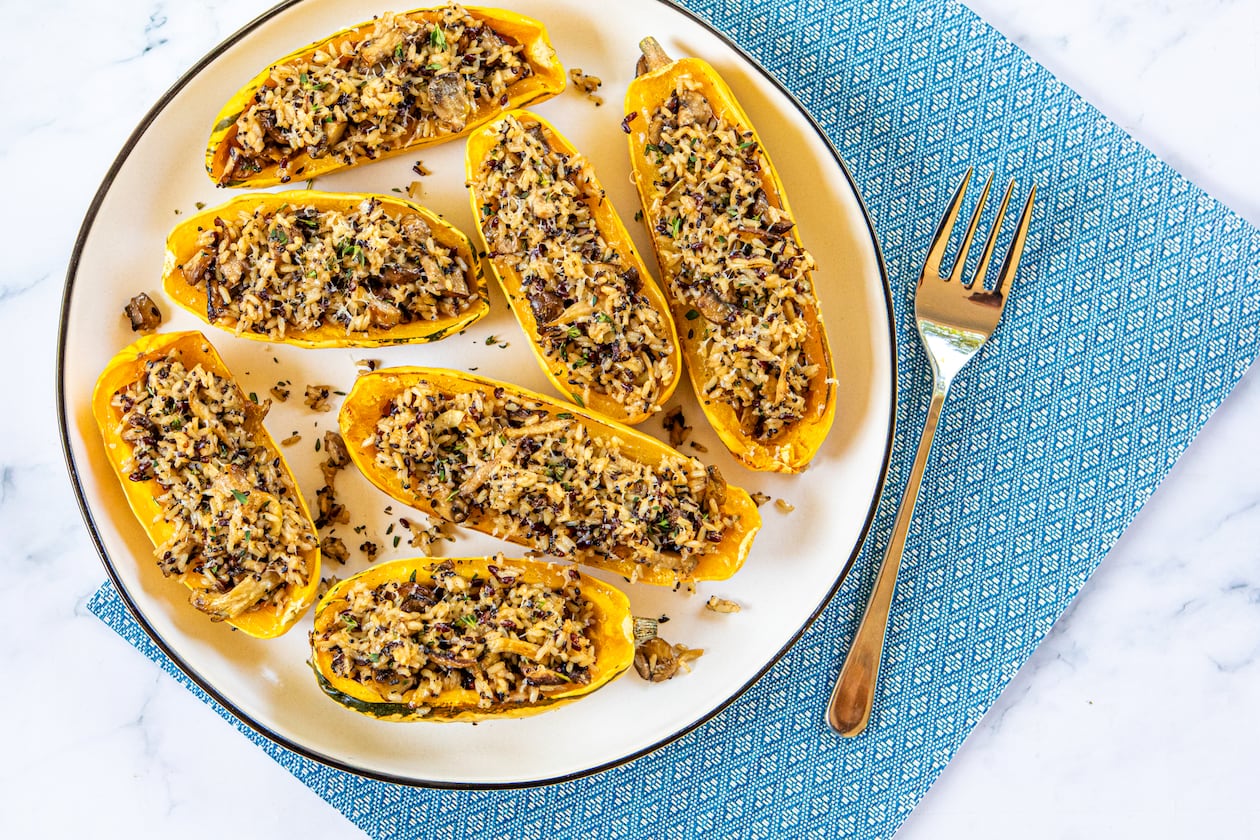 Quick Stuffed Delicata Squash is a healthy vegetarian meal. (Aaliyah Man for the AJC/food styling by Kate Williams)