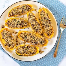 Quick Stuffed Delicata Squash is a healthy vegetarian meal. (Aaliyah Man for the AJC/food styling by Kate Williams)