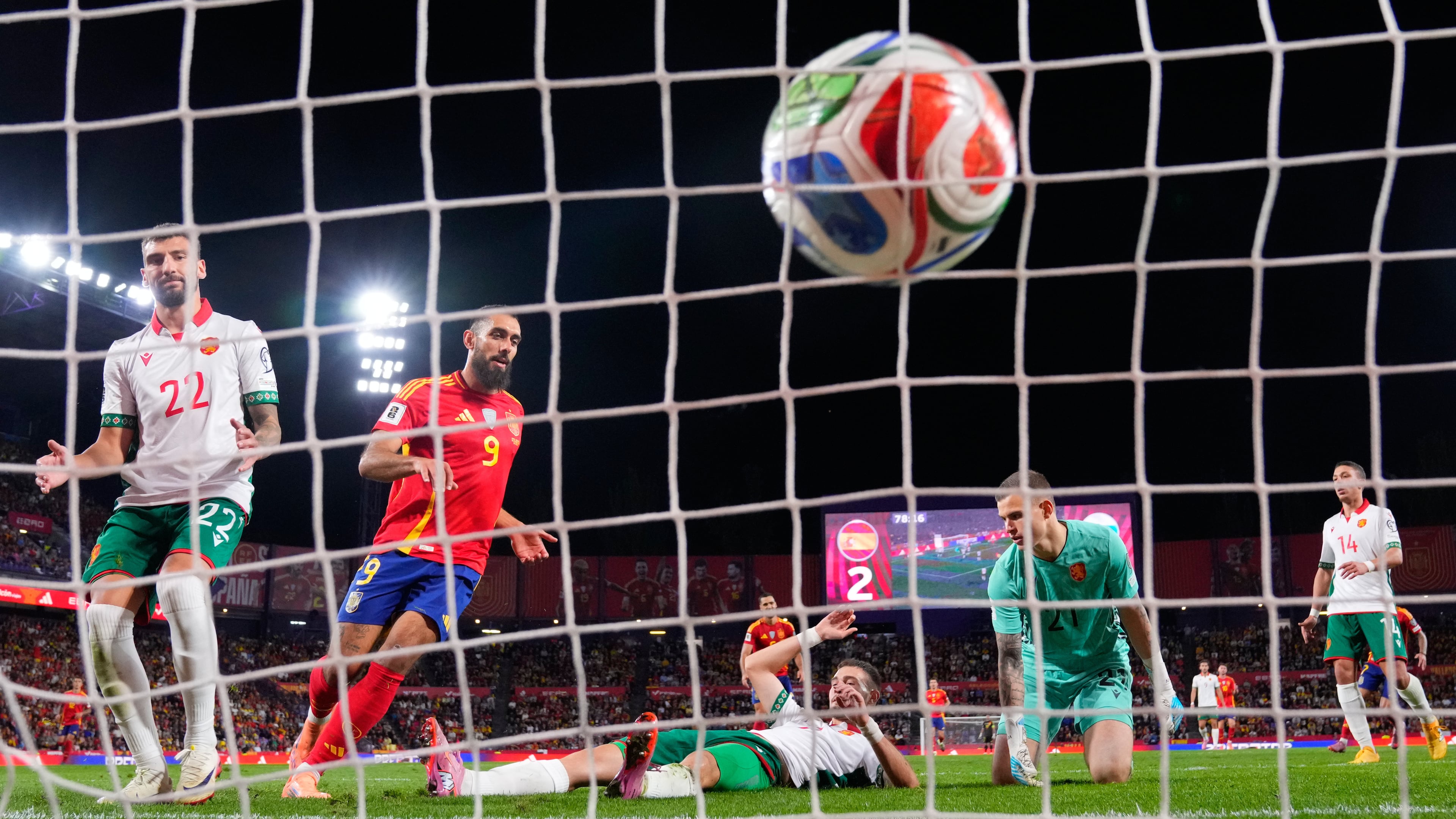 Bulgaria's Atanas Chernev, center, scores an own goal during the World Cup 2026 group E qualifying soccer match between Spain and Bulgaria in Valladolid, Spain, Tuesday, Oct. 14, 2025. (AP Photo/Manu Fernandez)