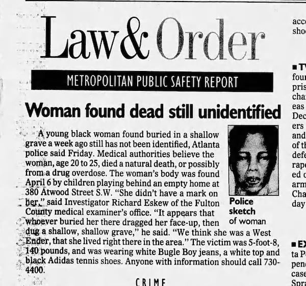 The Atlanta Journal-Constitution published a short story in April 1995 about a young woman found dead behind a home.