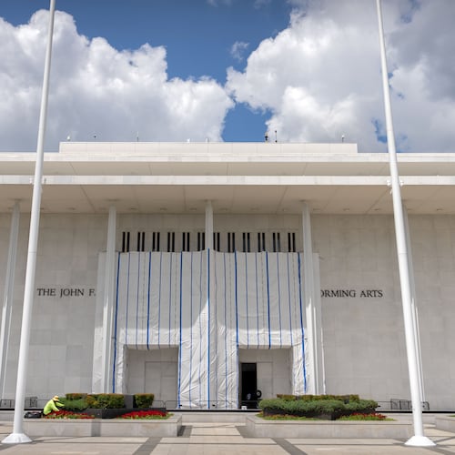 The exterior of the Kennedy Center is seen, Friday, July 31, 2026, in Washington. (AP Photo/Mark Schiefelbein)