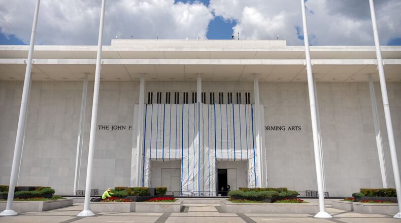 The exterior of the Kennedy Center is seen, Friday, July 31, 2026, in Washington. (AP Photo/Mark Schiefelbein)